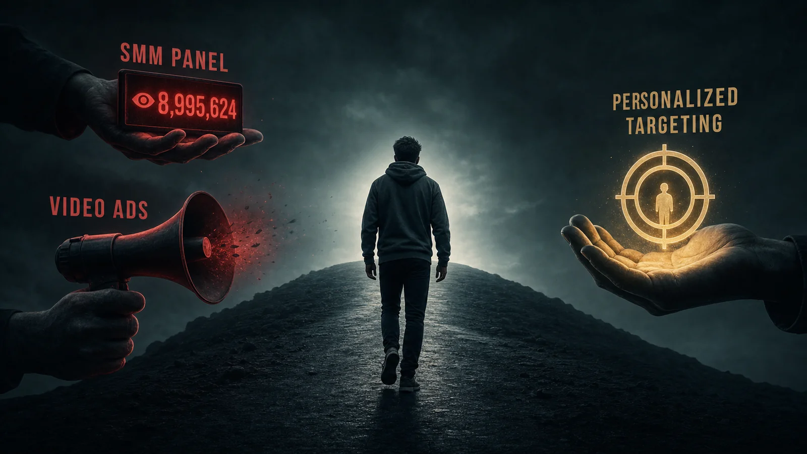 A creator walks toward the light while three hands offer him an SMM panel view counter, a video ads megaphone, and a glowing personalized targeting symbol