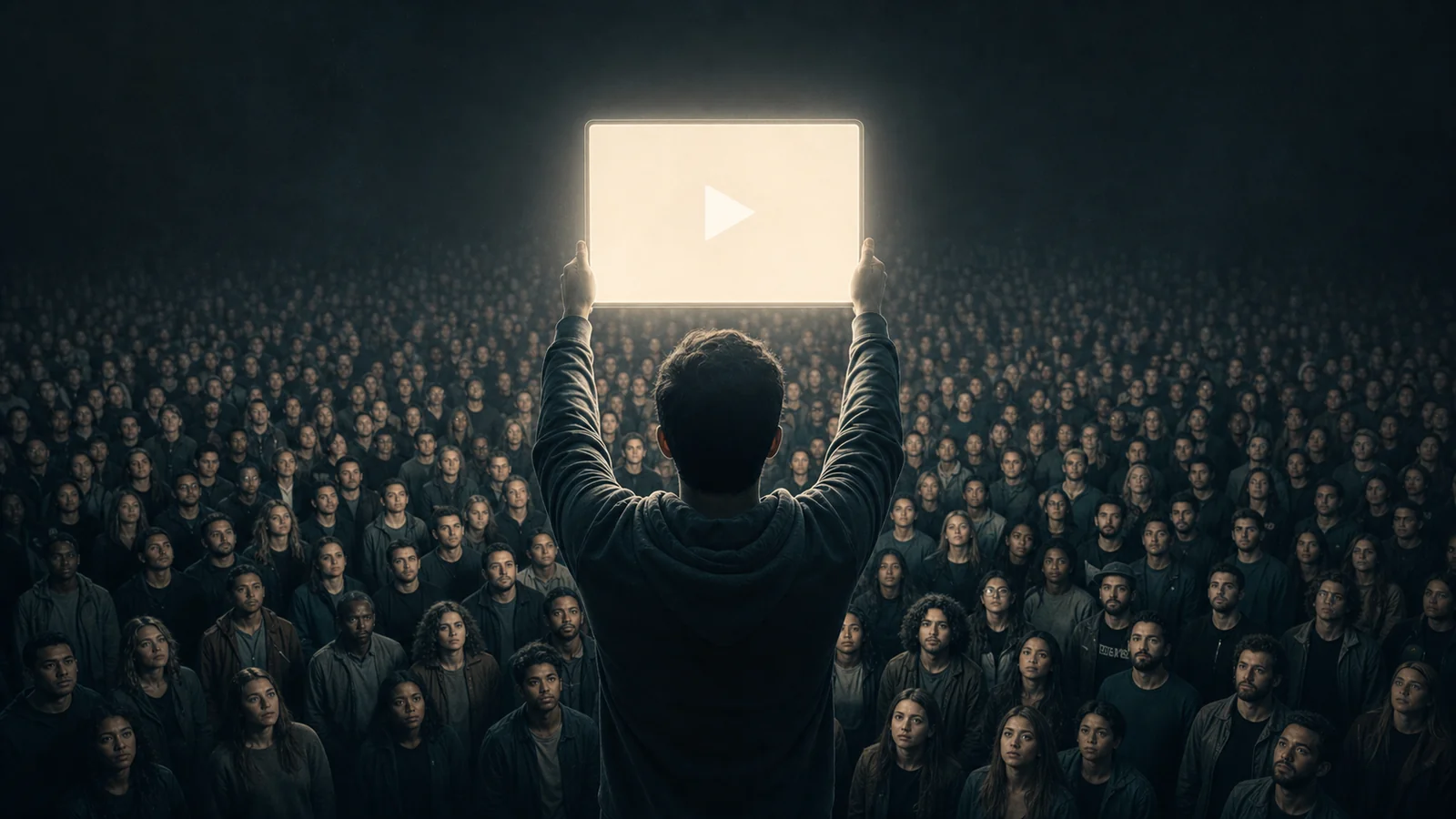 A creator holds up a glowing video screen in front of a large audience facing him