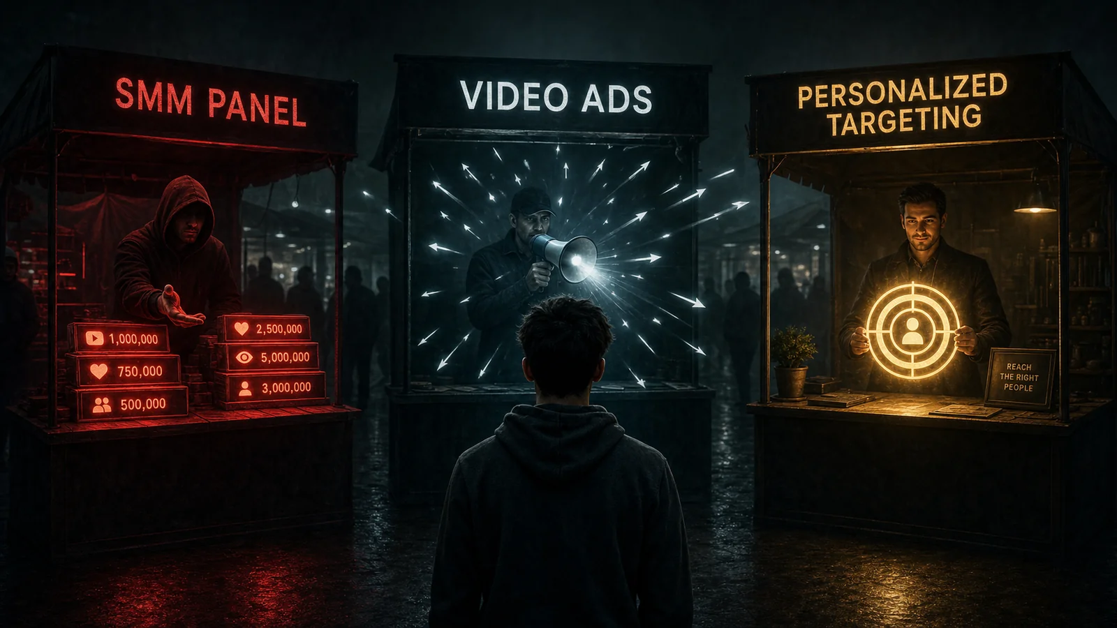 Three dark market stalls labeled SMM panel, video ads, and personalized targeting