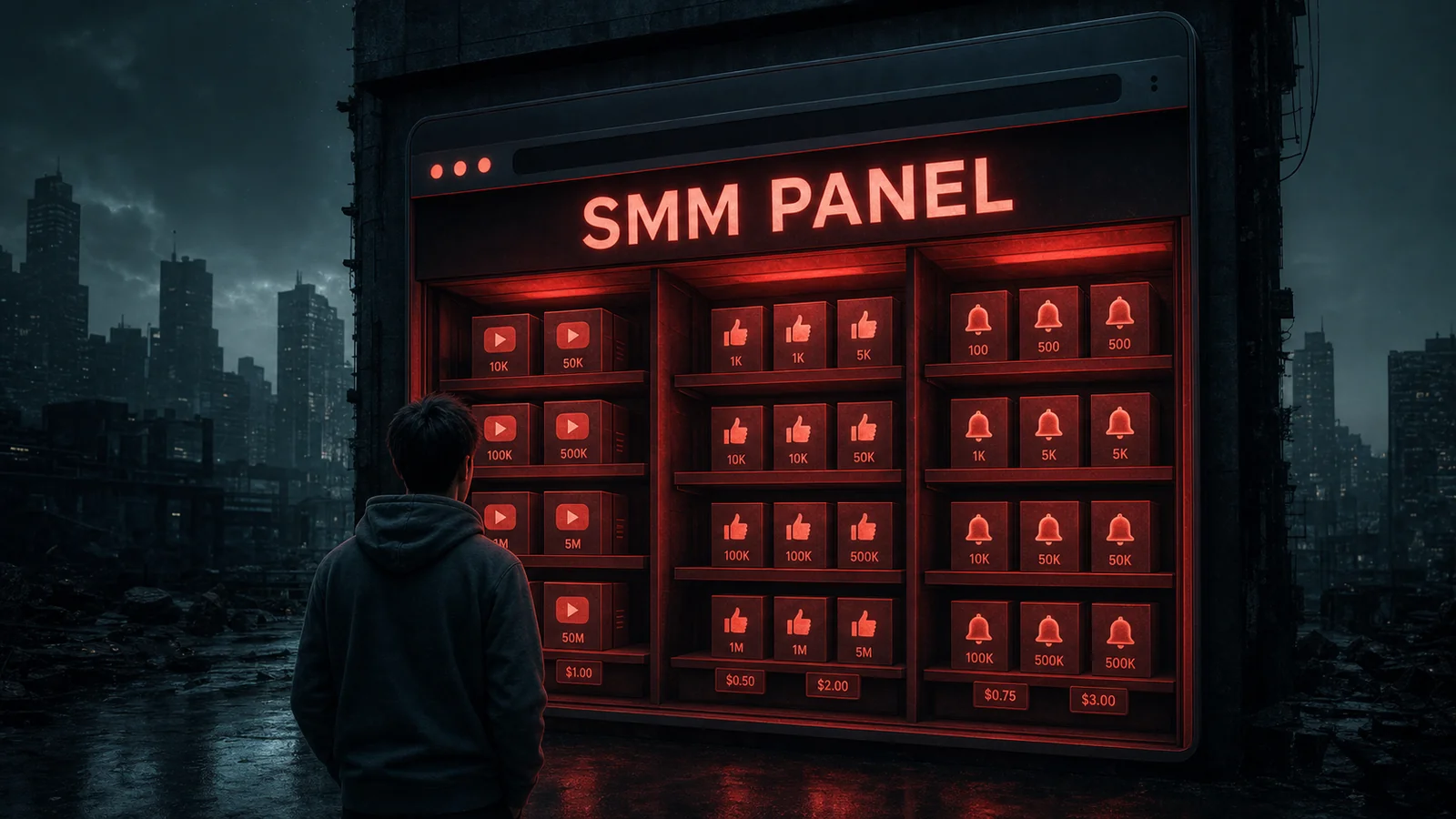 An SMM panel shown as a dark web store selling views, likes, and subscribers in bulk