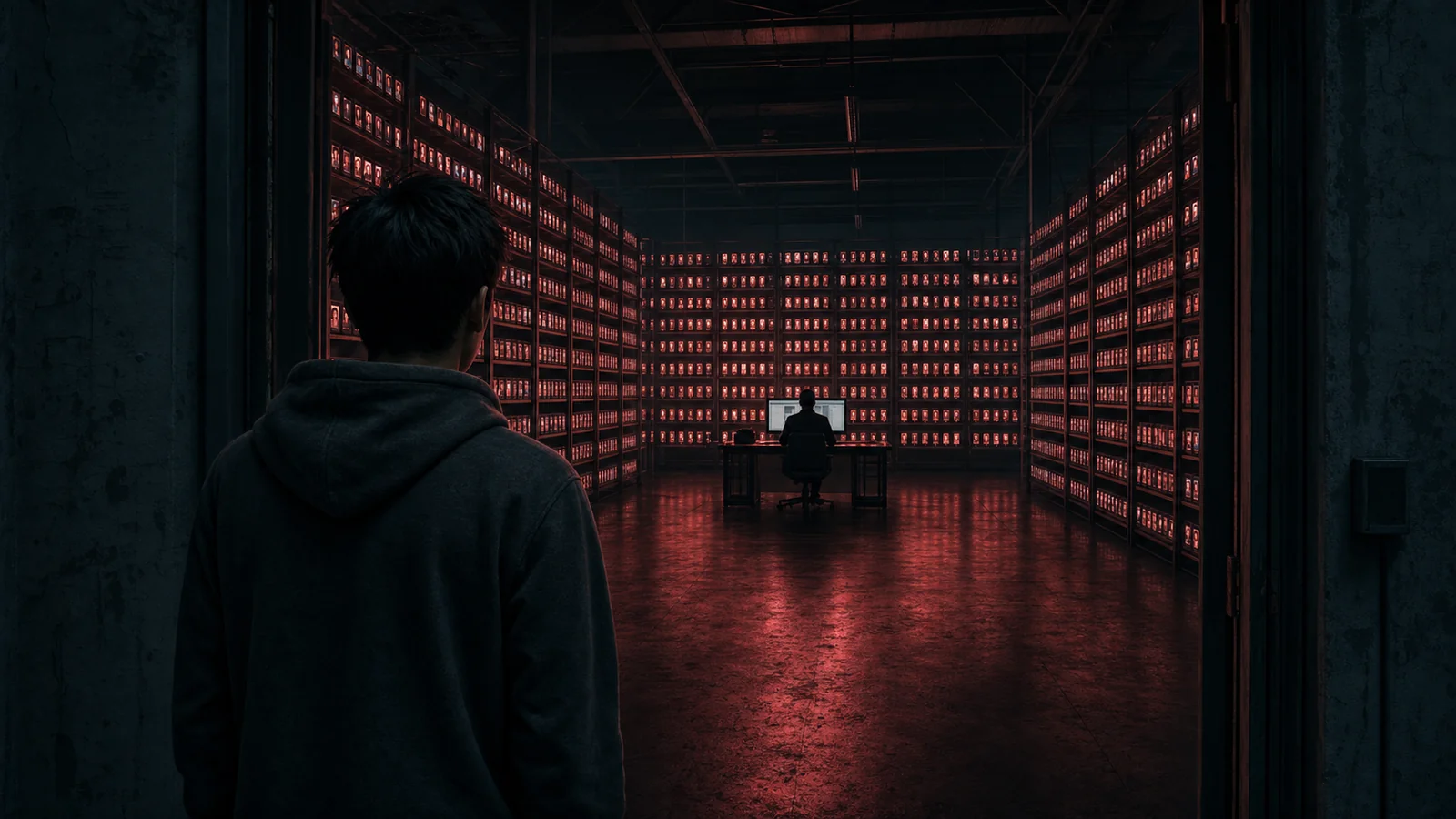 A bot farm: racks of thousands of glowing phones controlled by one operator at a single desk