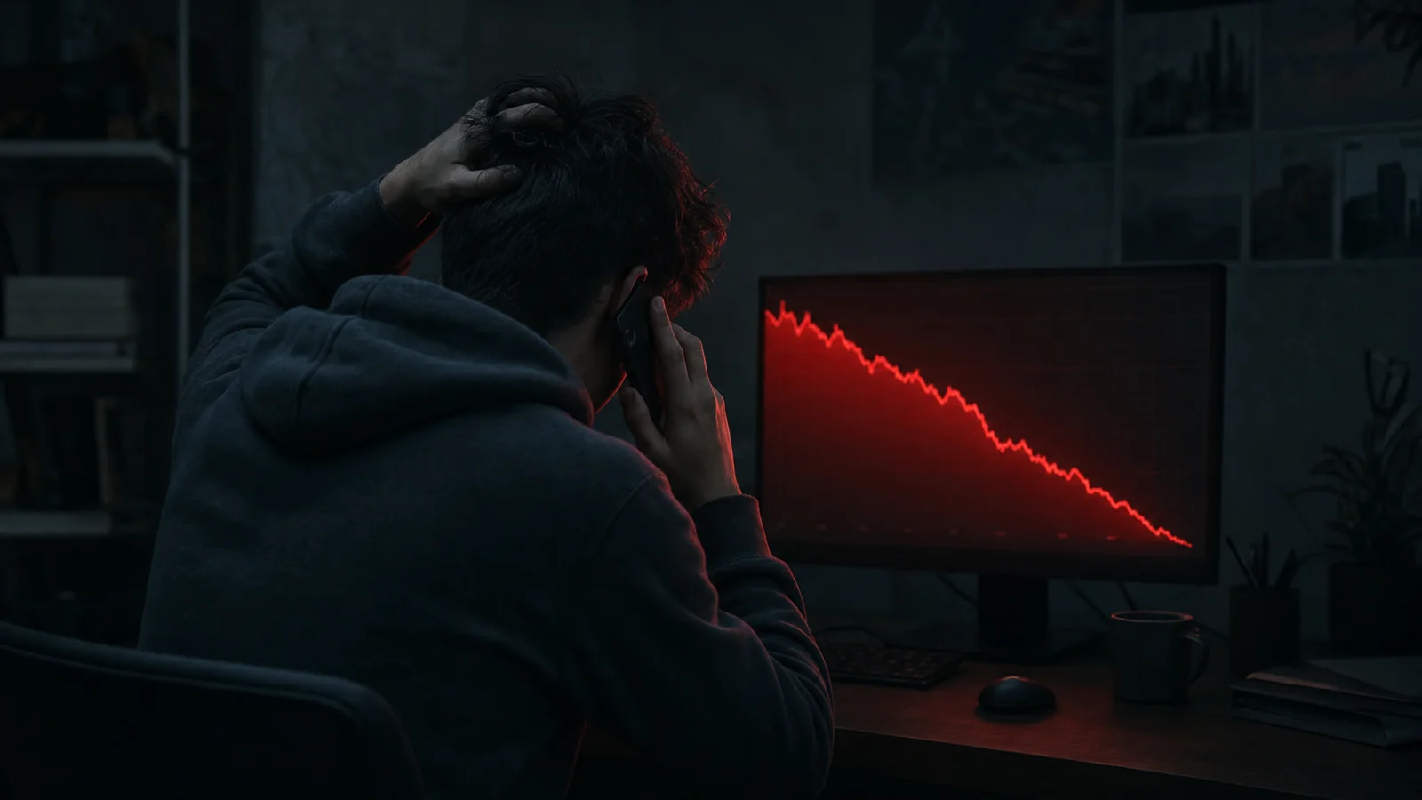 A worried man takes a phone call at night in front of a falling views graph