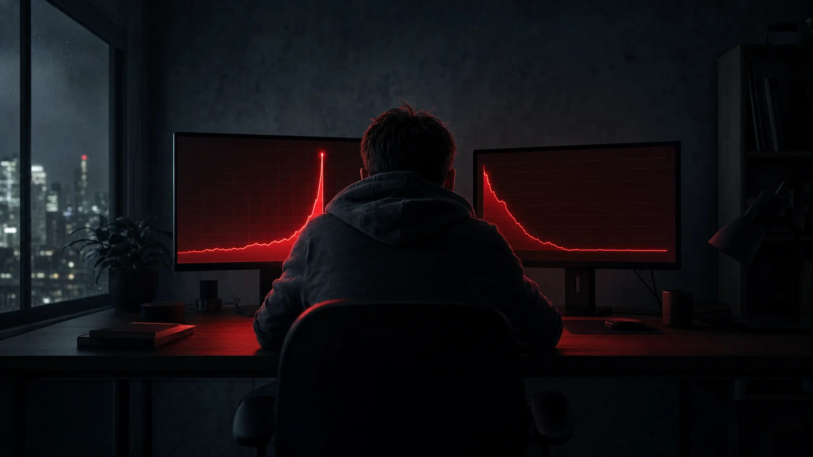 Two monitors at night: a sudden spike of bought views and an audience retention graph collapsing