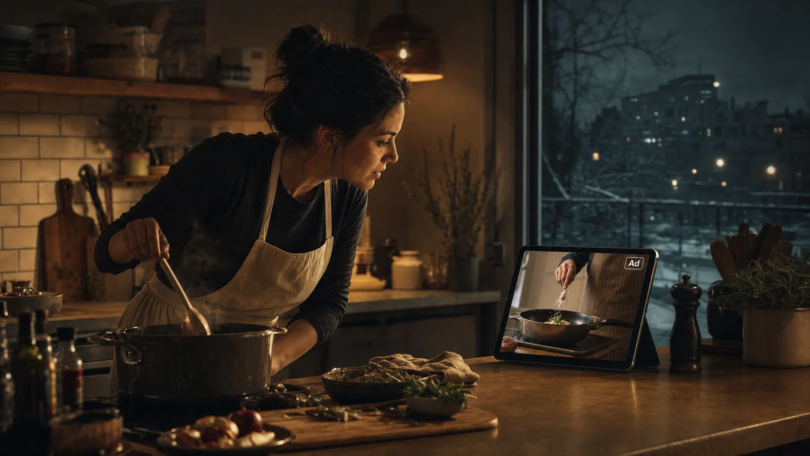 A home cook pauses cooking to watch a cooking video ad on a tablet with real interest