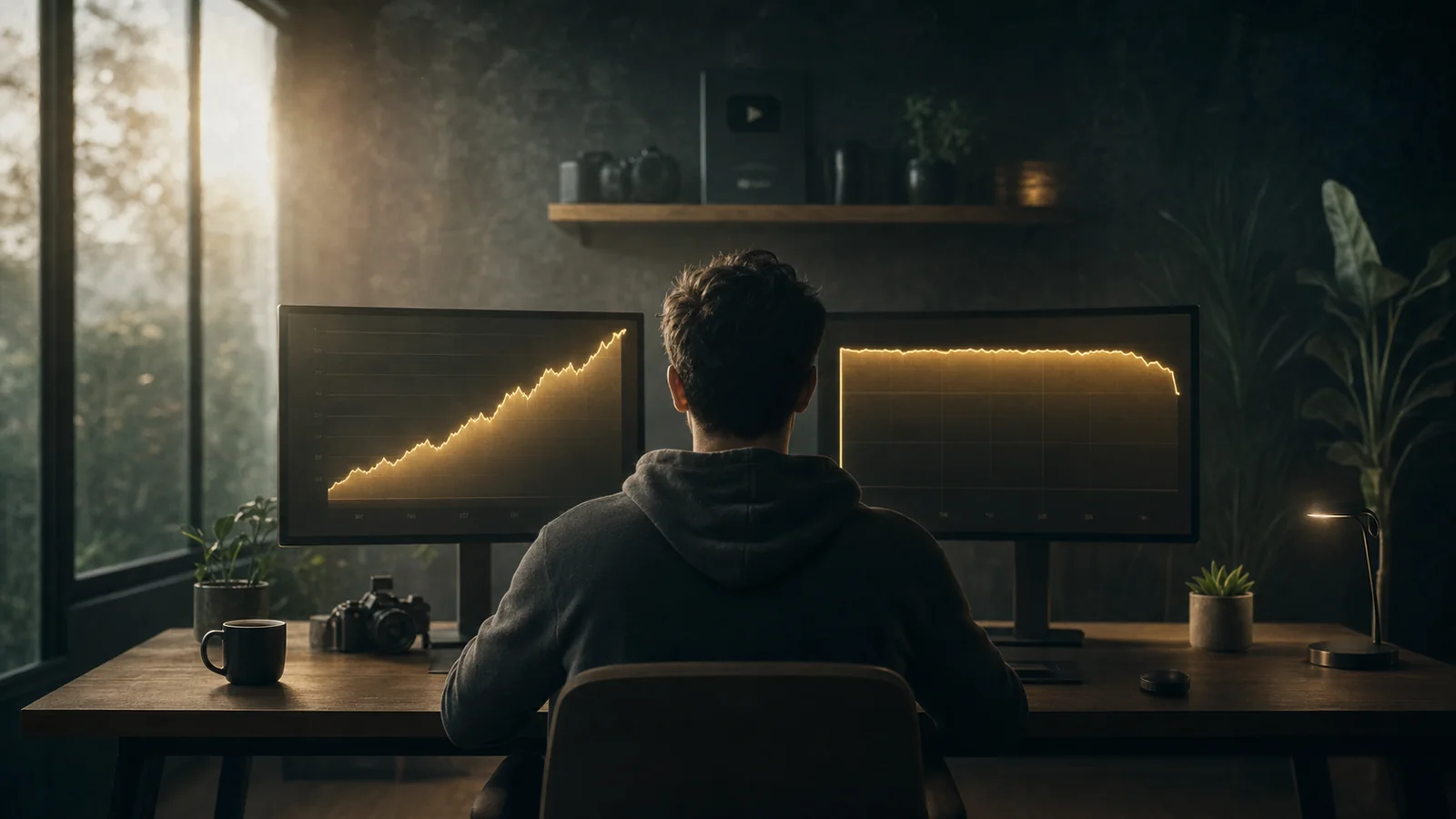 A creator in morning light watches views climb steadily while audience retention holds high